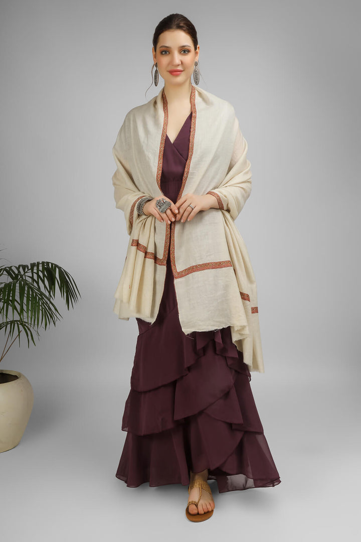 PASHMINA SHAWLS  Ibtida White Hashidaar Embroidery Sozni Pashmina Shawl  PASHMINA SHAWLS  Ibtida White Hashidaar Embroidery Sozni Pashmina Shawl