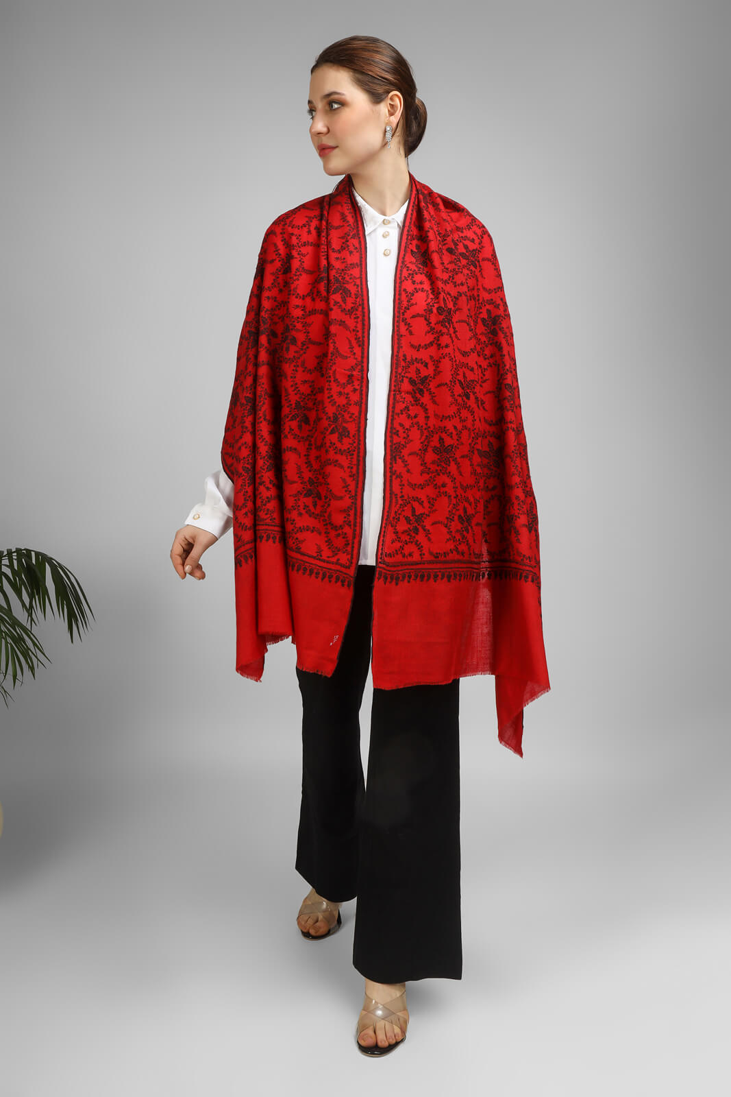 PASHMINA EMBROIDERY STOLE - Red Pashmina Jaldaar stole, boasting intricate black Sozni embroidery - We deliver to United States, China, Japan, Germany, United Kingdom, France, Canada, South Korea, Australia, and Switzerland.