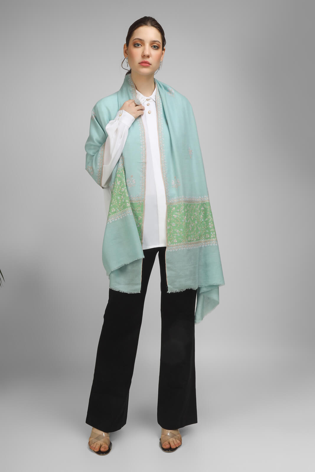 PASHMINA EMBROIDERY STOLE -  Light Turquoise Pashmina Paladaar stole - We deliver exquisite products to your doorstep in the United States