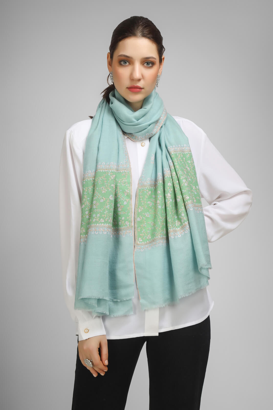 PASHMINA EMBROIDERY STOLE - Light Turquoise Pashmina Paladaar stole - We deliver exquisite products to your doorstep in the United States