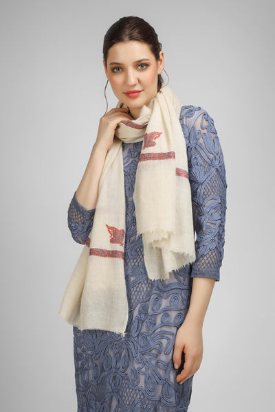 PASHMINA EMBROIDERY STOLE -  Elevate your style with a White Pashmina stole featuring hashidaar and sozni embroidery. UAE