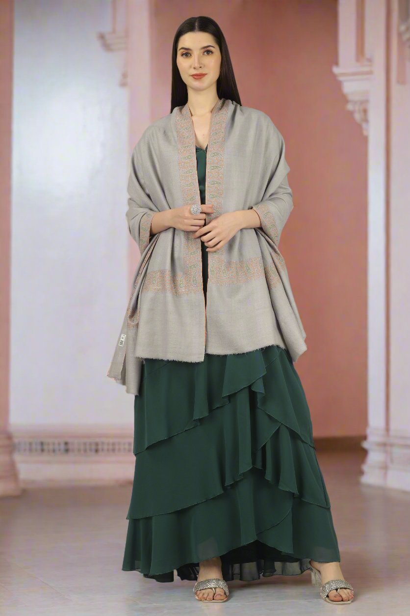 gray  "Authentic GI Pashmina Shawl | Handmade Pashmina Shawls Online from Kashmir, India | Luxury Kani Shawls and Pure Kashmiri Shawls for Sale"