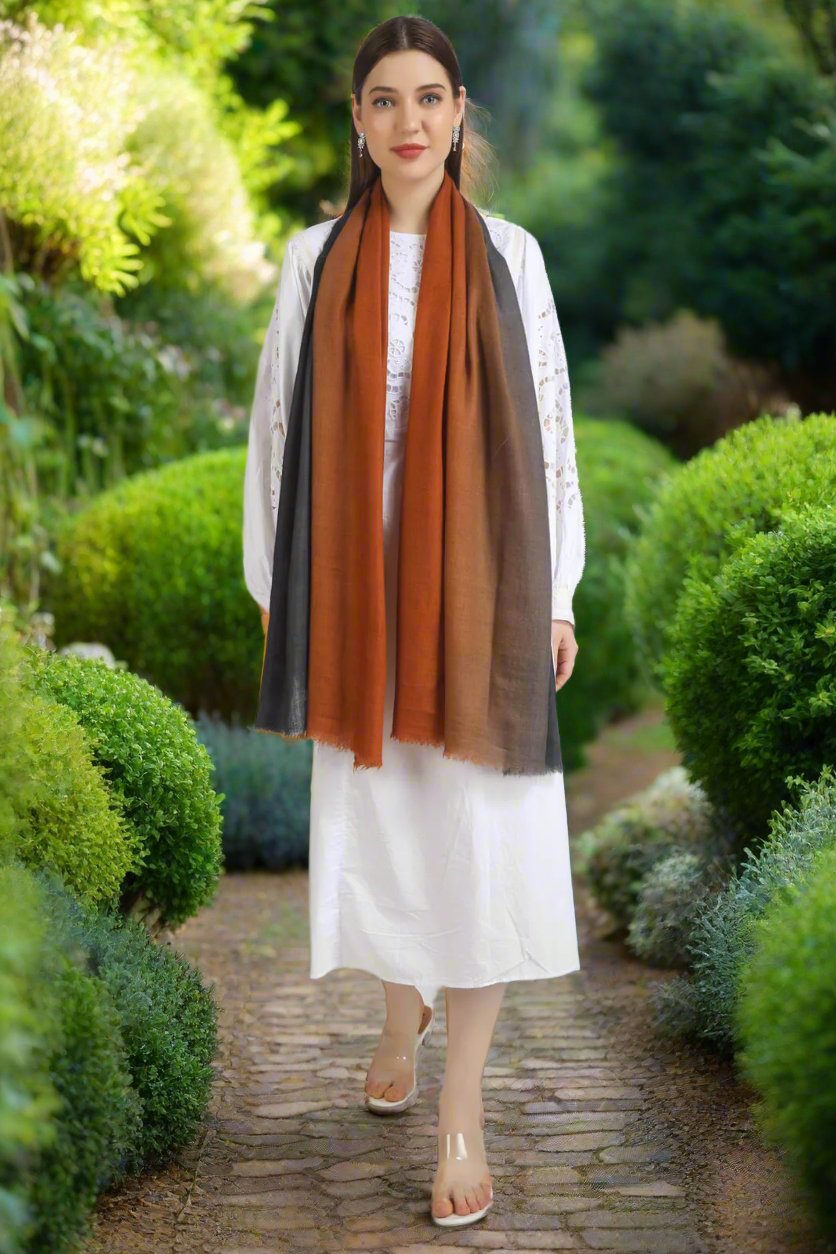 pashmina stoles Rust & Grey Ombre Pashmina Stole – a fusion of warm tones and cool grays.-  We deliver our premium Pashmina products to the United Kingdom, Germany, France, Japan, UAE, and Australia. Elevate your style with ease – order now!"