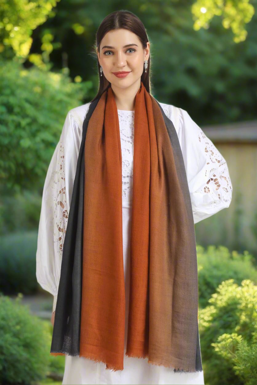 pashmina stoles Rust & Grey Ombre Pashmina Stole – a fusion of warm tones and cool grays.- We deliver our premium Pashmina products to the United Kingdom, Germany, France, Japan, UAE, and Australia. Elevate your style with ease – order now!"