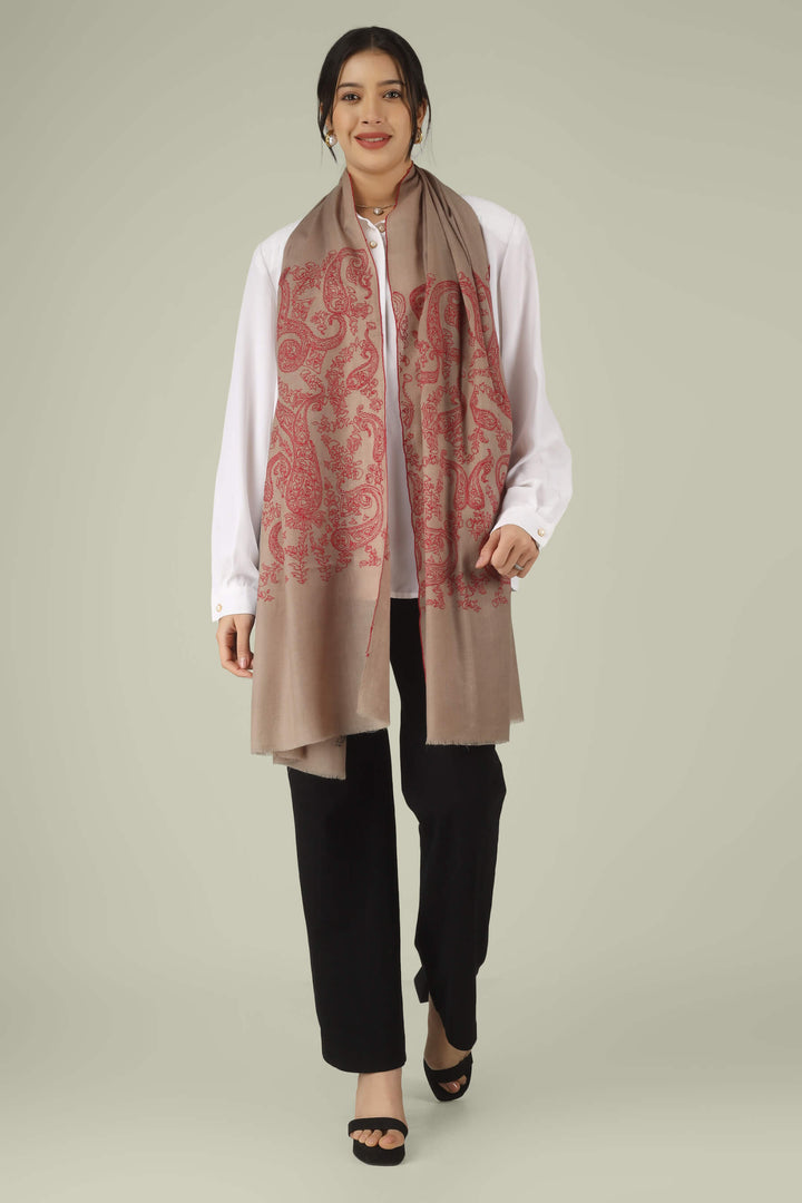 Hand-embroidered natural taupe pure Pashmina stole featuring oversized crimson-red Sozni paisley (Buta) motifs on the end panels from Kepra.
| pashmina shawls online | authentic Kashmiri pashmina shawl online | pure pashmina shawl online | original GI certified pashmina shawl online | luxury men's pashmina shawl online from Kashmir | where to buy online pure pashmina in India
| GI Tag Certified - Government-verified authentic Kashmiri Pashmina
| G20 Official Partner - Selected by India for G20 Summit gifting
| Handicraft Registered - Official recognition of traditional craftsmanship
| Certificate of Authenticity - Every purchase includes GI certification Hand-embroidered natural taupe pure Pashmina stole featuring oversized crimson-red Sozni paisley (Buta) motifs on the end panels from Kepra.
| pashmina shawls online | authentic Kashmiri pashmina shawl online | pure pashmina shawl online | original GI certified pashmina shawl online | luxury men's pashmina shawl online from Kashmir | where to buy online pure pashmina in India
| GI Tag Certified - Government-verified authentic Kashmiri Pashmina
| G20 Official Partner - Selected by India for G20 Summit gifting
| Handicraft Registered - Official recognition of traditional craftsmanship
| Certificate of Authenticity - Every purchase includes GI certification