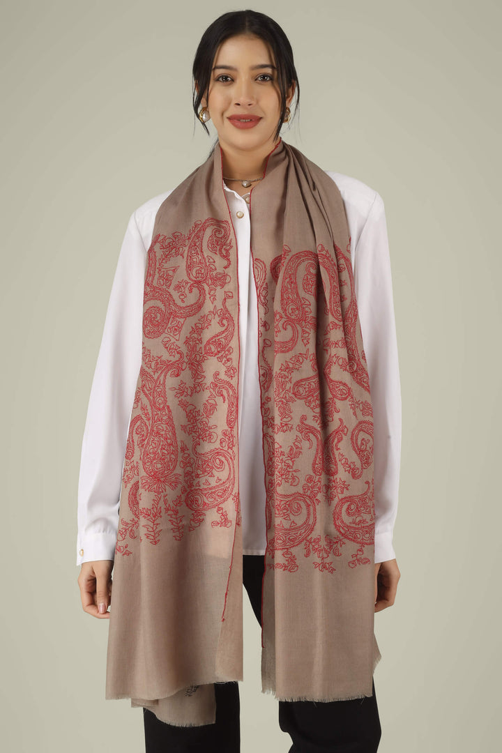 Hand-embroidered natural taupe pure Pashmina stole featuring oversized crimson-red Sozni paisley (Buta) motifs on the end panels from Kepra.
| pashmina shawls online | authentic Kashmiri pashmina shawl online | pure pashmina shawl online | original GI certified pashmina shawl online | luxury men's pashmina shawl online from Kashmir | where to buy online pure pashmina in India
| GI Tag Certified - Government-verified authentic Kashmiri Pashmina
| G20 Official Partner - Selected by India for G20 Summit gifting
| Handicraft Registered - Official recognition of traditional craftsmanship
| Certificate of Authenticity - Every purchase includes GI certification Hand-embroidered natural taupe pure Pashmina stole featuring oversized crimson-red Sozni paisley (Buta) motifs on the end panels from Kepra.
| pashmina shawls online | authentic Kashmiri pashmina shawl online | pure pashmina shawl online | original GI certified pashmina shawl online | luxury men's pashmina shawl online from Kashmir | where to buy online pure pashmina in India
| GI Tag Certified - Government-verified authentic Kashmiri Pashmina
| G20 Official Partner - Selected by India for G20 Summit gifting
| Handicraft Registered - Official recognition of traditional craftsmanship
| Certificate of Authenticity - Every purchase includes GI certification