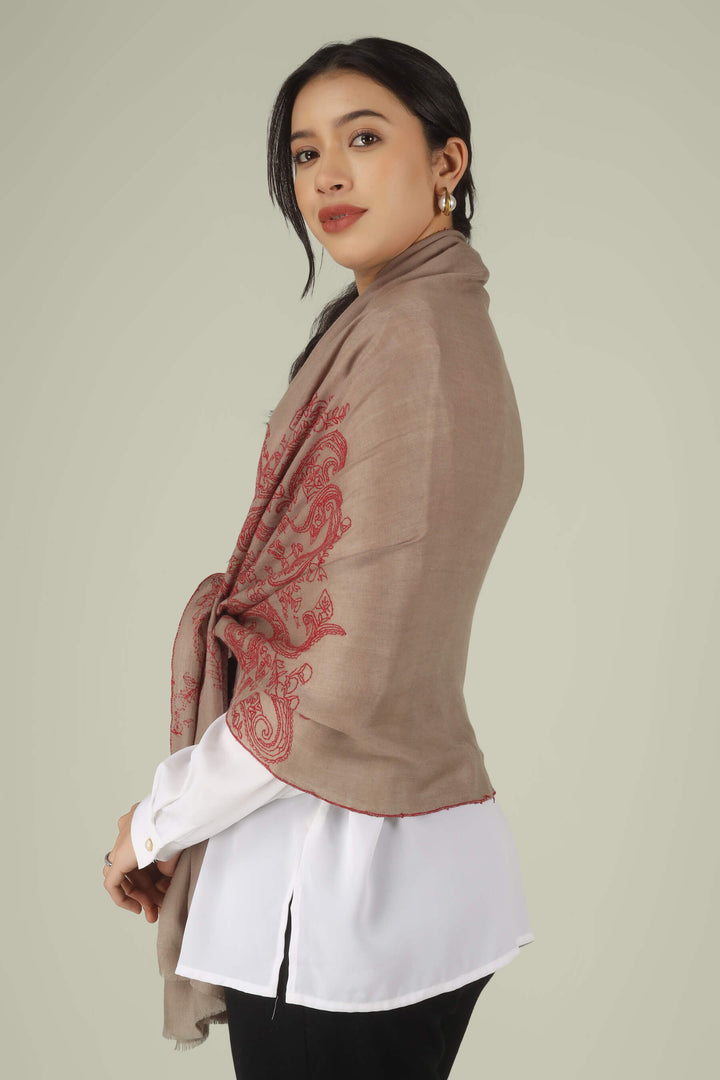 Hand-embroidered natural taupe pure Pashmina stole featuring oversized crimson-red Sozni paisley (Buta) motifs on the end panels from Kepra.
| pashmina shawls online | authentic Kashmiri pashmina shawl online | pure pashmina shawl online | original GI certified pashmina shawl online | luxury men's pashmina shawl online from Kashmir | where to buy online pure pashmina in India
| GI Tag Certified - Government-verified authentic Kashmiri Pashmina
| G20 Official Partner - Selected by India for G20 Summit gifting
| Handicraft Registered - Official recognition of traditional craftsmanship
| Certificate of Authenticity - Every purchase includes GI certification Hand-embroidered natural taupe pure Pashmina stole featuring oversized crimson-red Sozni paisley (Buta) motifs on the end panels from Kepra.
| pashmina shawls online | authentic Kashmiri pashmina shawl online | pure pashmina shawl online | original GI certified pashmina shawl online | luxury men's pashmina shawl online from Kashmir | where to buy online pure pashmina in India
| GI Tag Certified - Government-verified authentic Kashmiri Pashmina
| G20 Official Partner - Selected by India for G20 Summit gifting
| Handicraft Registered - Official recognition of traditional craftsmanship
| Certificate of Authenticity - Every purchase includes GI certification