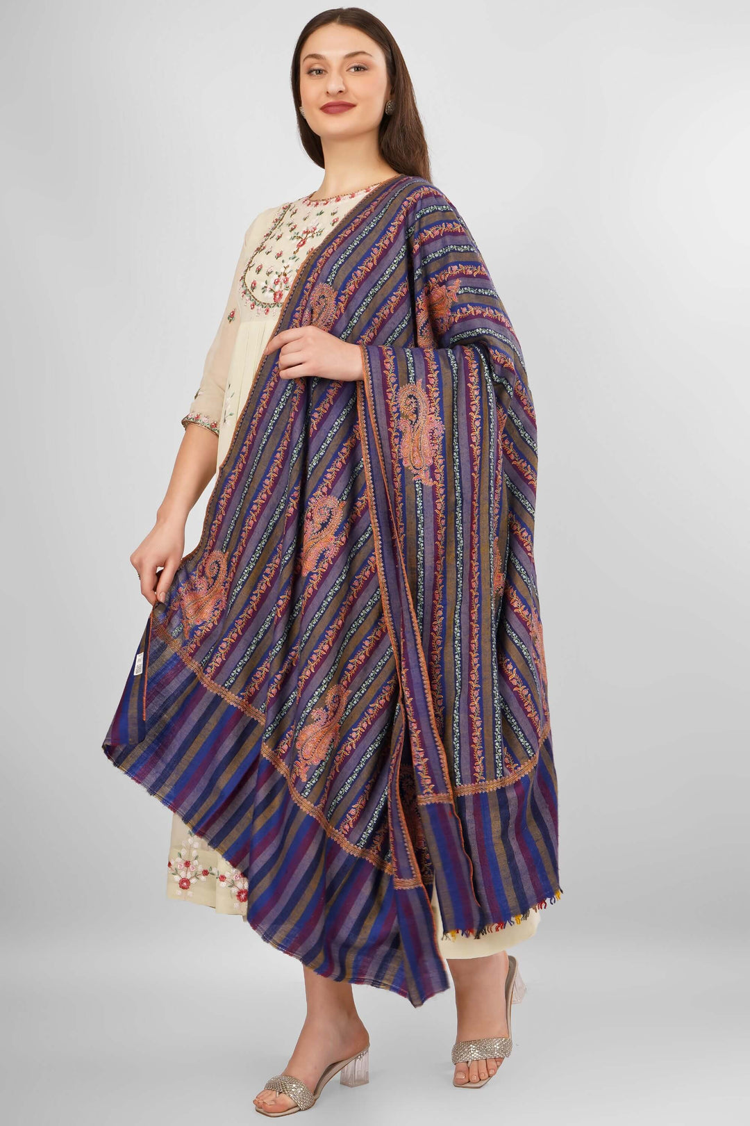 "Pashmina Blue Striped Badam Motif Shawl | Pure Pashmina Shawl | Handmade Kashmiri Wrap | Luxury Wool Shawl with Badam Design | Soft, Warm Winter Shawl with Traditional Pashmina Elegance"