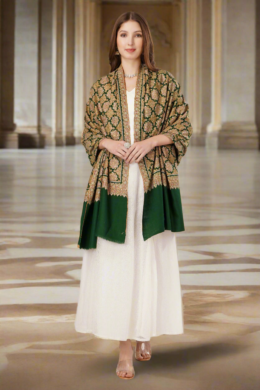 Pashmina Jama Sozni Emerald Green Shawl