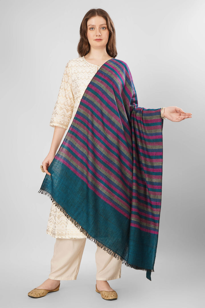 Pashmina Seyma Woven Shawl | Handwoven Kashmiri Pashmina Wool Shawl with Bold Diagonal Stripes in Deep Blue, Rich Purple, and Lighter Hues Pashmina Seyma Woven Shawl | Handwoven Kashmiri Pashmina Wool Shawl with Bold Diagonal Stripes in Deep Blue, Rich Purple, and Lighter Hues