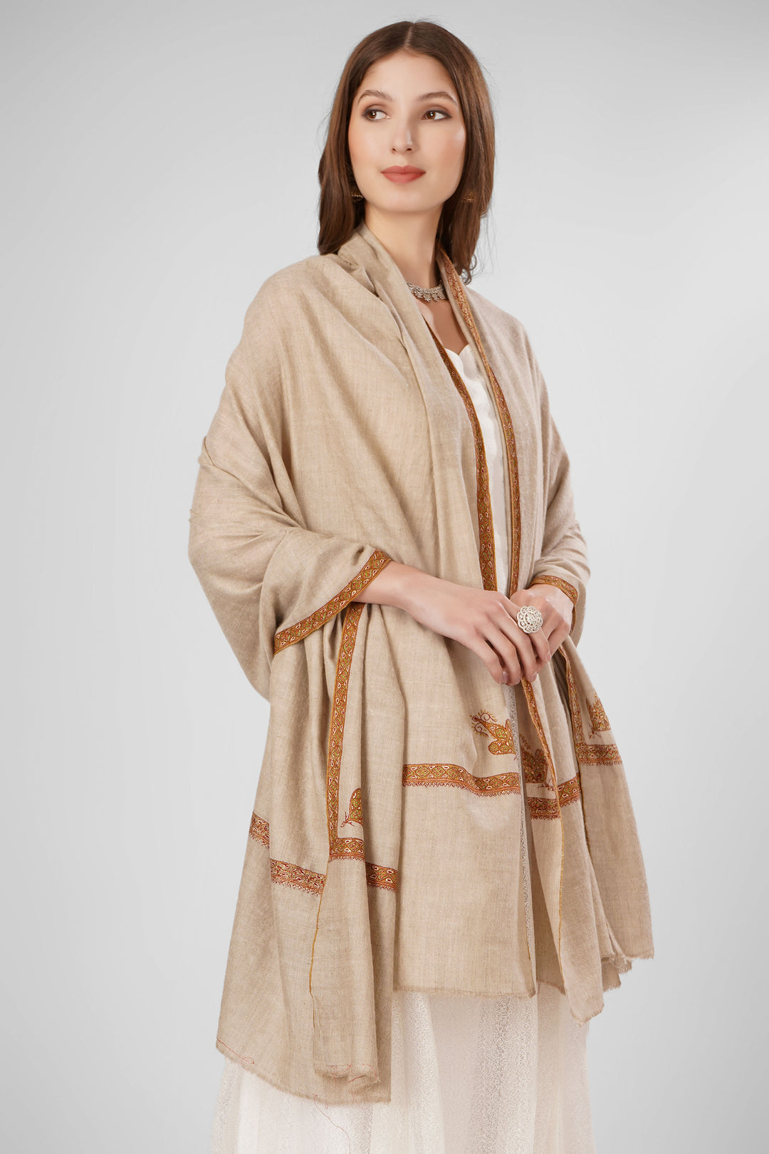 "Pashmina Hashidaar Shawl | Natural Amrose Handwoven Kashmiri Pashmina Wrap | Luxurious GI-Certified Wool Shawl for Warmth & Elegance"