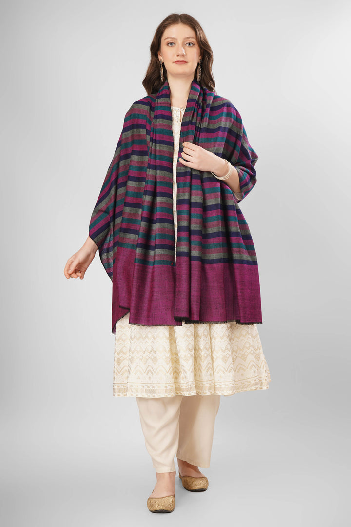 Pashmina Zehra Woven Shawl | Handwoven Kashmiri Pashmina Wool with Vibrant Purple and Multicolor Stripes | Elegant and Colorful Pashmina Accessory Pashmina Zehra Woven Shawl | Handwoven Kashmiri Pashmina Wool with Vibrant Purple and Multicolor Stripes | Elegant and Colorful Pashmina Accessory
