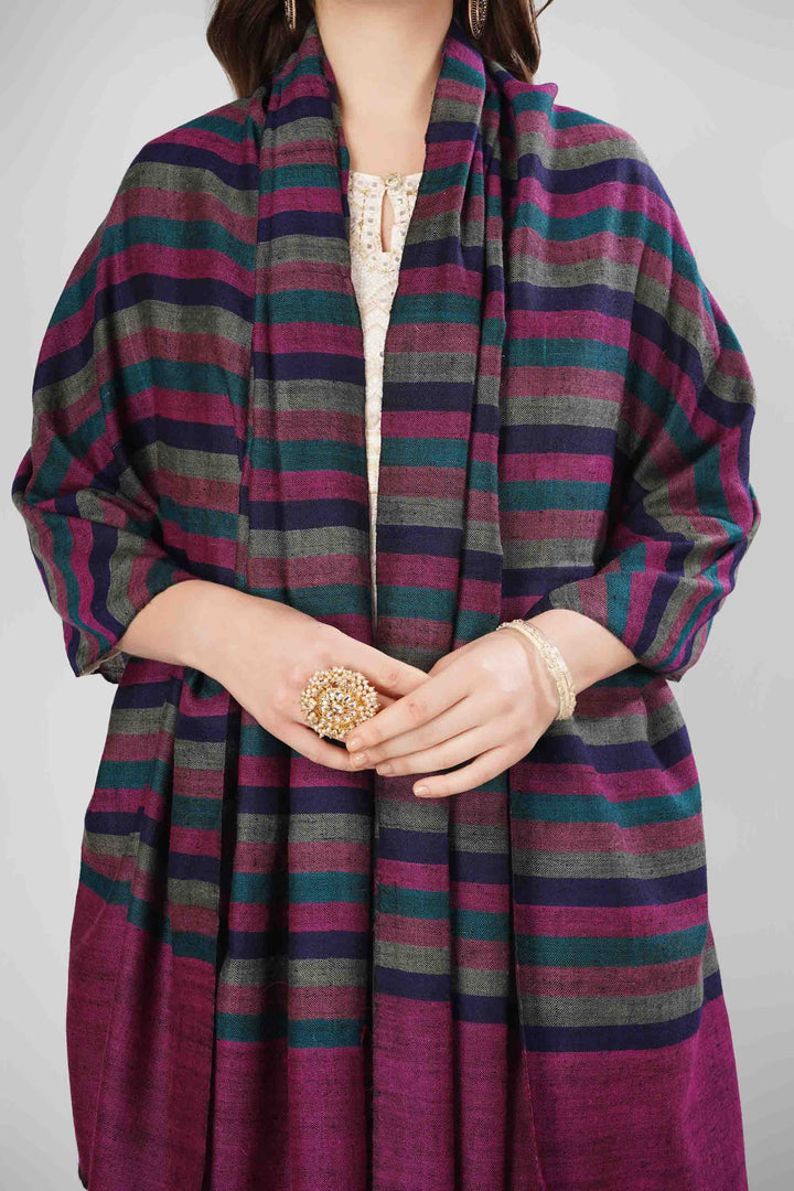Pashmina Zehra Woven Shawl | Handwoven Kashmiri Pashmina Wool with Vibrant Purple and Multicolor Stripes | Elegant and Colorful Pashmina Accessory Pashmina Zehra Woven Shawl | Handwoven Kashmiri Pashmina Wool with Vibrant Purple and Multicolor Stripes | Elegant and Colorful Pashmina Accessory