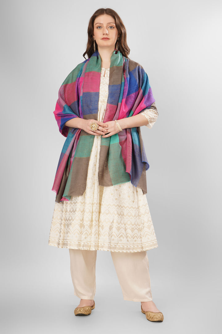 Pashmina Aylin Woven Shawl | Multicolored Checked Kashmiri Pashmina Wool Shawl with Pink, Teal, Blue, and Brown Squares | Luxurious Handwoven Design Pashmina Aylin Woven Shawl | Multicolored Checked Kashmiri Pashmina Wool Shawl with Pink, Teal, Blue, and Brown Squares | Luxurious Handwoven Design