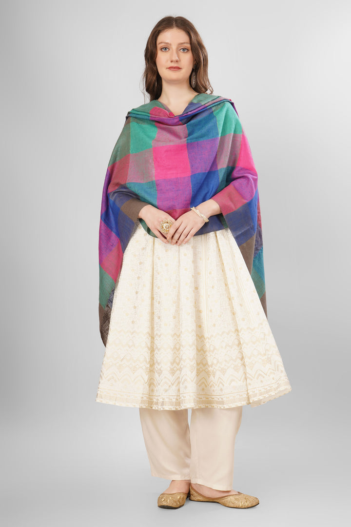 Pashmina Aylin Woven Shawl | Multicolored Checked Kashmiri Pashmina Wool Shawl with Pink, Teal, Blue, and Brown Squares | Luxurious Handwoven Design Pashmina Aylin Woven Shawl | Multicolored Checked Kashmiri Pashmina Wool Shawl with Pink, Teal, Blue, and Brown Squares | Luxurious Handwoven Design