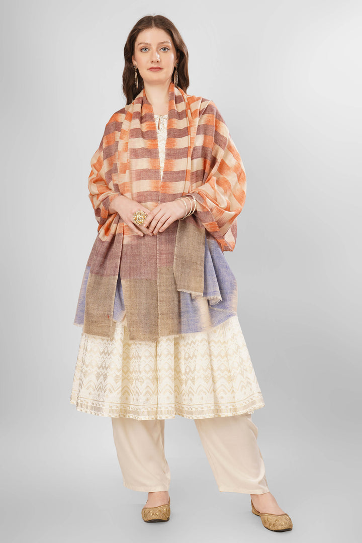 Pashmina Rania Shawl | Kashmiri Handwoven Pashmina Wool with Earthy Orange, Brown, and Blue Broad Stripes | Authentic Luxury Pashmina Shawl Pashmina Rania Shawl | Kashmiri Handwoven Pashmina Wool with Earthy Orange, Brown, and Blue Broad Stripes | Authentic Luxury Pashmina Shawl