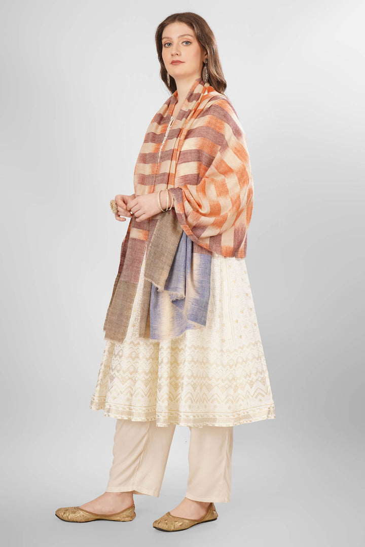 Pashmina Rania Shawl | Kashmiri Handwoven Pashmina Wool with Earthy Orange, Brown, and Blue Broad Stripes | Authentic Luxury Pashmina Shawl Pashmina Rania Shawl | Kashmiri Handwoven Pashmina Wool with Earthy Orange, Brown, and Blue Broad Stripes | Authentic Luxury Pashmina Shawl