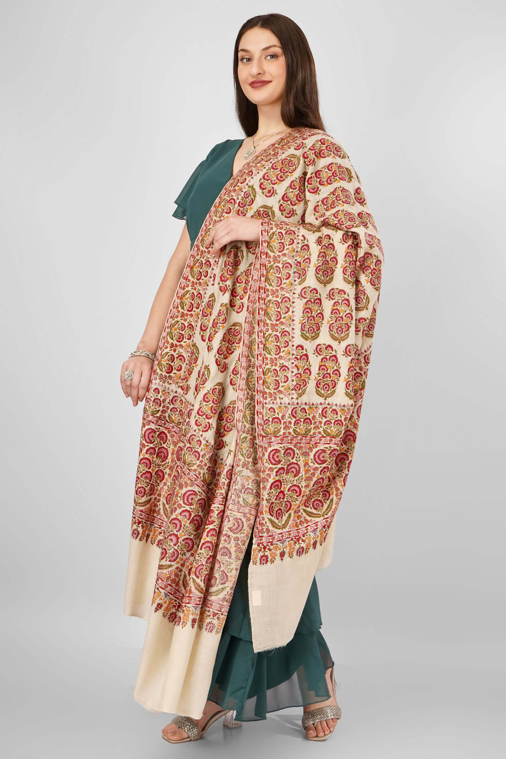 "Pashmina White Sozni Camellia Jama Shawl | Pure Kashmiri Pashmina Wool Wrap | Intricate Sozni Embroidery | Luxury Shawl with Camellia Design | Soft, Warm, and Elegant Traditional Accessory"