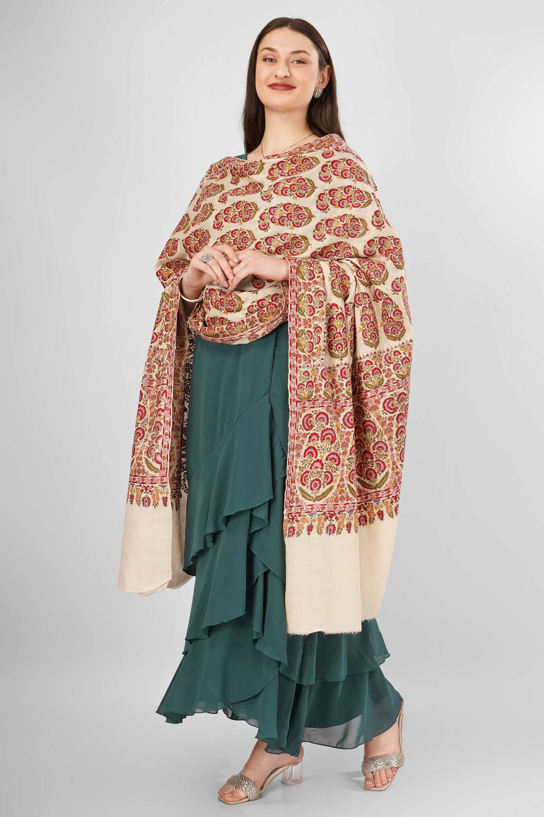 "Pashmina White Sozni Camellia Jama Shawl | Pure Kashmiri Pashmina Wool Wrap | Intricate Sozni Embroidery | Luxury Shawl with Camellia Design | Soft, Warm, and Elegant Traditional Accessory"