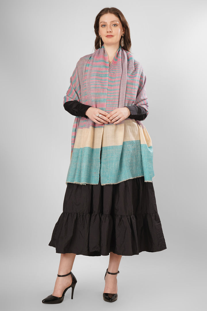 Pashmina Asma Woven Shawl | Light Pink and Teal Irregular Striped Pattern | Handwoven Soft Lightweight Kashmiri Pashmina Wool Shawl Pashmina Asma Woven Shawl | Light Pink and Teal Irregular Striped Pattern | Handwoven Soft Lightweight Kashmiri Pashmina Wool Shawl