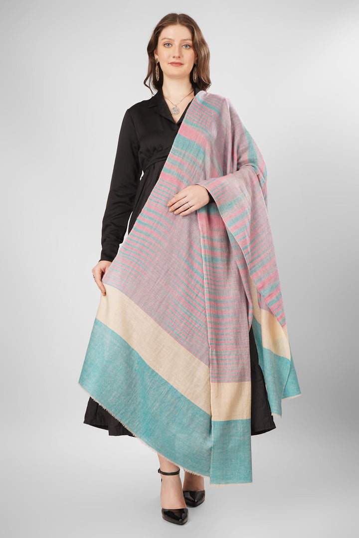Pashmina Asma Woven Shawl | Light Pink and Teal Irregular Striped Pattern | Handwoven Soft Lightweight Kashmiri Pashmina Wool Shawl Pashmina Asma Woven Shawl | Light Pink and Teal Irregular Striped Pattern | Handwoven Soft Lightweight Kashmiri Pashmina Wool Shawl