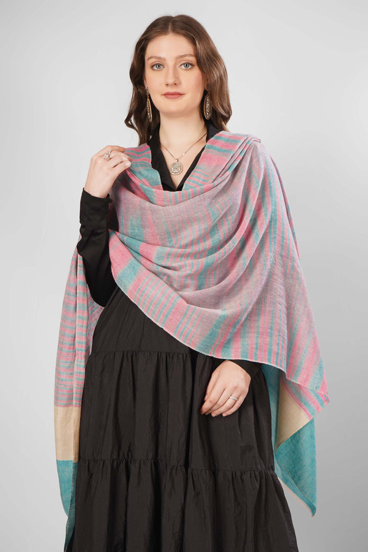Pashmina Asma Woven Shawl | Light Pink and Teal Irregular Striped Pattern | Handwoven Soft Lightweight Kashmiri Pashmina Wool Shawl Pashmina Asma Woven Shawl | Light Pink and Teal Irregular Striped Pattern | Handwoven Soft Lightweight Kashmiri Pashmina Wool Shawl