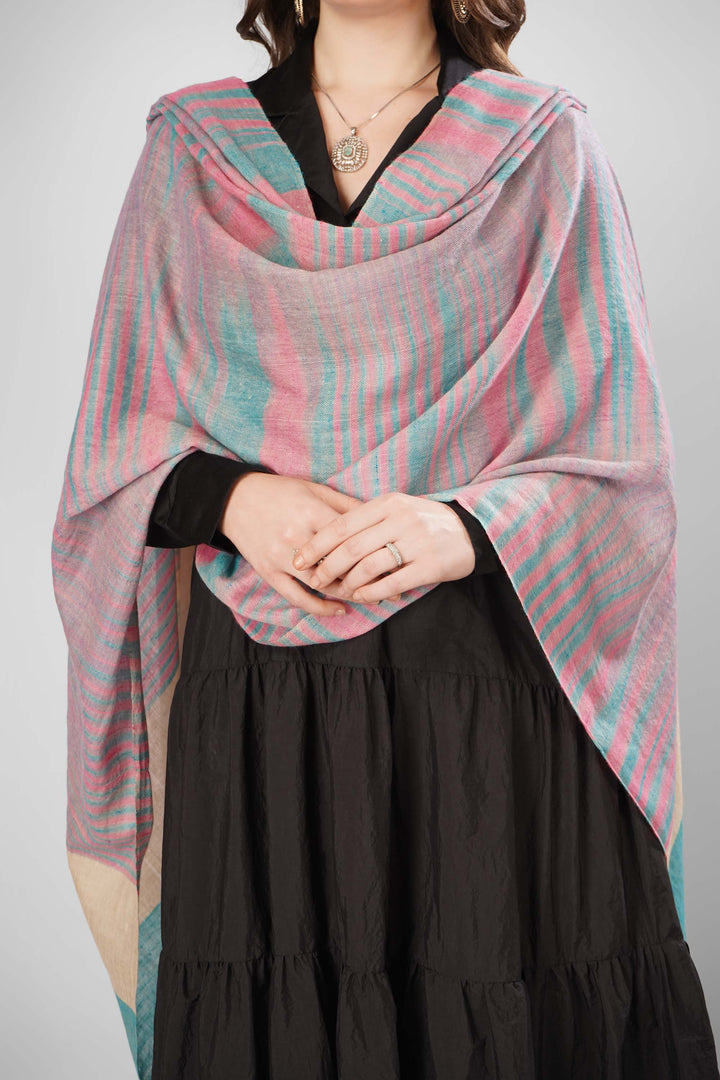 Pashmina Asma Woven Shawl | Light Pink and Teal Irregular Striped Pattern | Handwoven Soft Lightweight Kashmiri Pashmina Wool Shawl Pashmina Asma Woven Shawl | Light Pink and Teal Irregular Striped Pattern | Handwoven Soft Lightweight Kashmiri Pashmina Wool Shawl