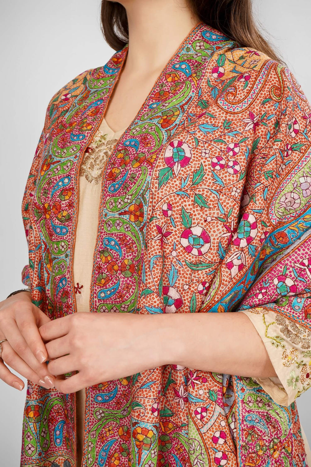 "Pashmina White Tot Jama Shawl | Handwoven Kashmiri Pashmina Shawl Online | Luxury Sozni Embroidered Shawl | Soft, Warm, Elegant Wrap for Every Occasion"