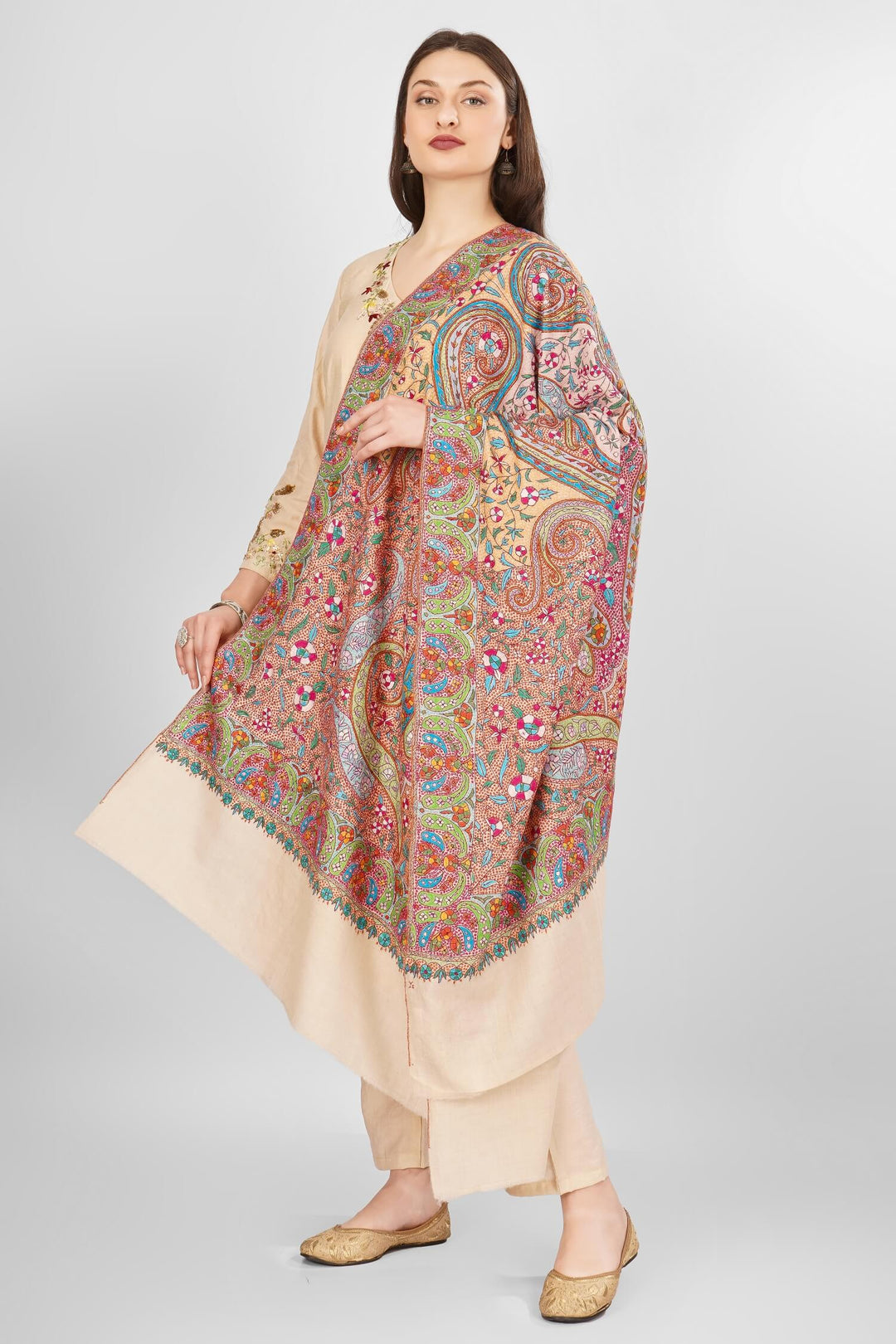 "Pashmina White Tot Jama Shawl | Handwoven Kashmiri Pashmina Shawl Online | Luxury Sozni Embroidered Shawl | Soft, Warm, Elegant Wrap for Every Occasion"