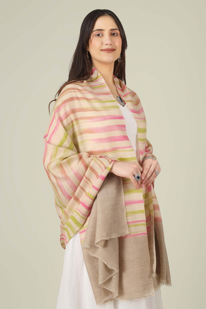 This pure pashmina shawl features a natural beige base scattered with fine horizontal stripes in blush pink, peach, and soft lime
| pashmina shawls online | authentic Kashmiri pashmina shawl online | pure pashmina shawl online | original GI certified pashmina shawl online | luxury men's pashmina shawl online from Kashmir | where to buy online pure pashmina in India
| GI Tag Certified - Government-verified authentic Kashmiri Pashmina
| G20 Official Partner - Selected by India for G20 Summit gifting
| Handicraft Registered - Official recognition of traditional craftsmanship
| Certificate of Authenticity - Every purchase includes GI certification This pure pashmina shawl features a natural beige base scattered with fine horizontal stripes in blush pink, peach, and soft lime
| pashmina shawls online | authentic Kashmiri pashmina shawl online | pure pashmina shawl online | original GI certified pashmina shawl online | luxury men's pashmina shawl online from Kashmir | where to buy online pure pashmina in India
| GI Tag Certified - Government-verified authentic Kashmiri Pashmina
| G20 Official Partner - Selected by India for G20 Summit gifting
| Handicraft Registered - Official recognition of traditional craftsmanship
| Certificate of Authenticity - Every purchase includes GI certification
