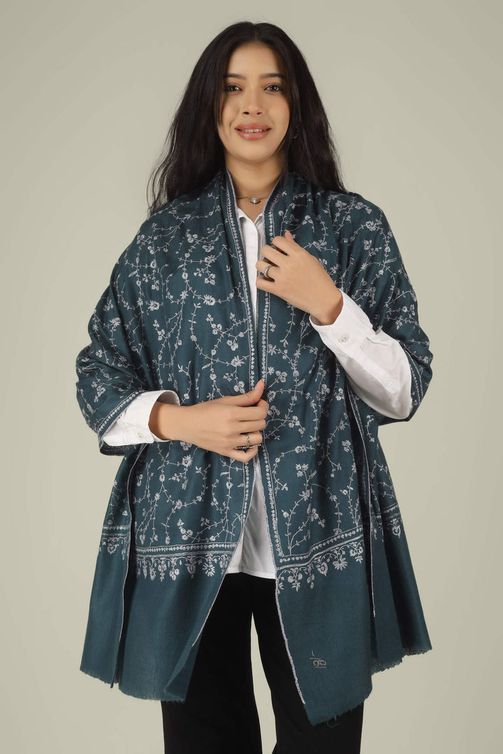 Hand-embroidered teal grey pure Pashmina stole with silver-tone all-over Jaldaar Sozni floral vine embroidery from Kepra
| pashmina shawls online | authentic Kashmiri pashmina shawl online | pure pashmina shawl online | original GI certified pashmina shawl online | luxury men's pashmina shawl online from Kashmir | where to buy online pure pashmina in India
| GI Tag Certified - Government-verified authentic Kashmiri Pashmina
| G20 Official Partner - Selected by India for G20 Summit gifting
| Handicraft Registered - Official recognition of traditional craftsmanship
| Certificate of Authenticity - Every purchase includes GI certification Hand-embroidered teal grey pure Pashmina stole with silver-tone all-over Jaldaar Sozni floral vine embroidery from Kepra
| pashmina shawls online | authentic Kashmiri pashmina shawl online | pure pashmina shawl online | original GI certified pashmina shawl online | luxury men's pashmina shawl online from Kashmir | where to buy online pure pashmina in India
| GI Tag Certified - Government-verified authentic Kashmiri Pashmina
| G20 Official Partner - Selected by India for G20 Summit gifting
| Handicraft Registered - Official recognition of traditional craftsmanship
| Certificate of Authenticity - Every purchase includes GI certification