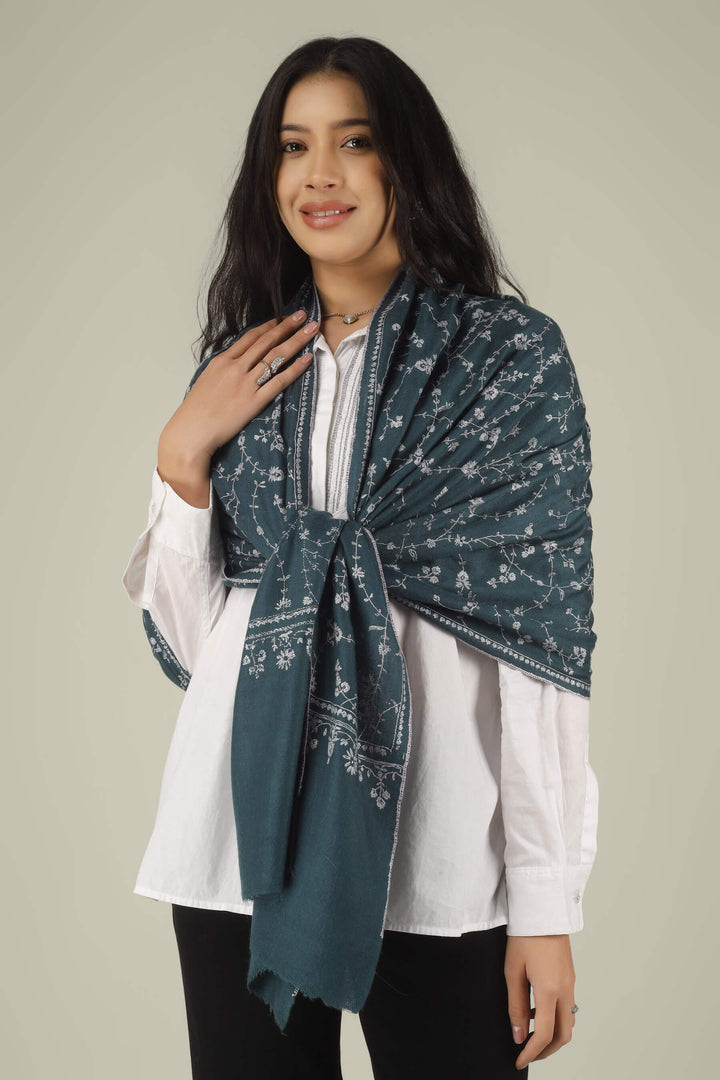 Hand-embroidered teal grey pure Pashmina stole with silver-tone all-over Jaldaar Sozni floral vine embroidery from Kepra
| pashmina shawls online | authentic Kashmiri pashmina shawl online | pure pashmina shawl online | original GI certified pashmina shawl online | luxury men's pashmina shawl online from Kashmir | where to buy online pure pashmina in India
| GI Tag Certified - Government-verified authentic Kashmiri Pashmina
| G20 Official Partner - Selected by India for G20 Summit gifting
| Handicraft Registered - Official recognition of traditional craftsmanship
| Certificate of Authenticity - Every purchase includes GI certification Hand-embroidered teal grey pure Pashmina stole with silver-tone all-over Jaldaar Sozni floral vine embroidery from Kepra
| pashmina shawls online | authentic Kashmiri pashmina shawl online | pure pashmina shawl online | original GI certified pashmina shawl online | luxury men's pashmina shawl online from Kashmir | where to buy online pure pashmina in India
| GI Tag Certified - Government-verified authentic Kashmiri Pashmina
| G20 Official Partner - Selected by India for G20 Summit gifting
| Handicraft Registered - Official recognition of traditional craftsmanship
| Certificate of Authenticity - Every purchase includes GI certification