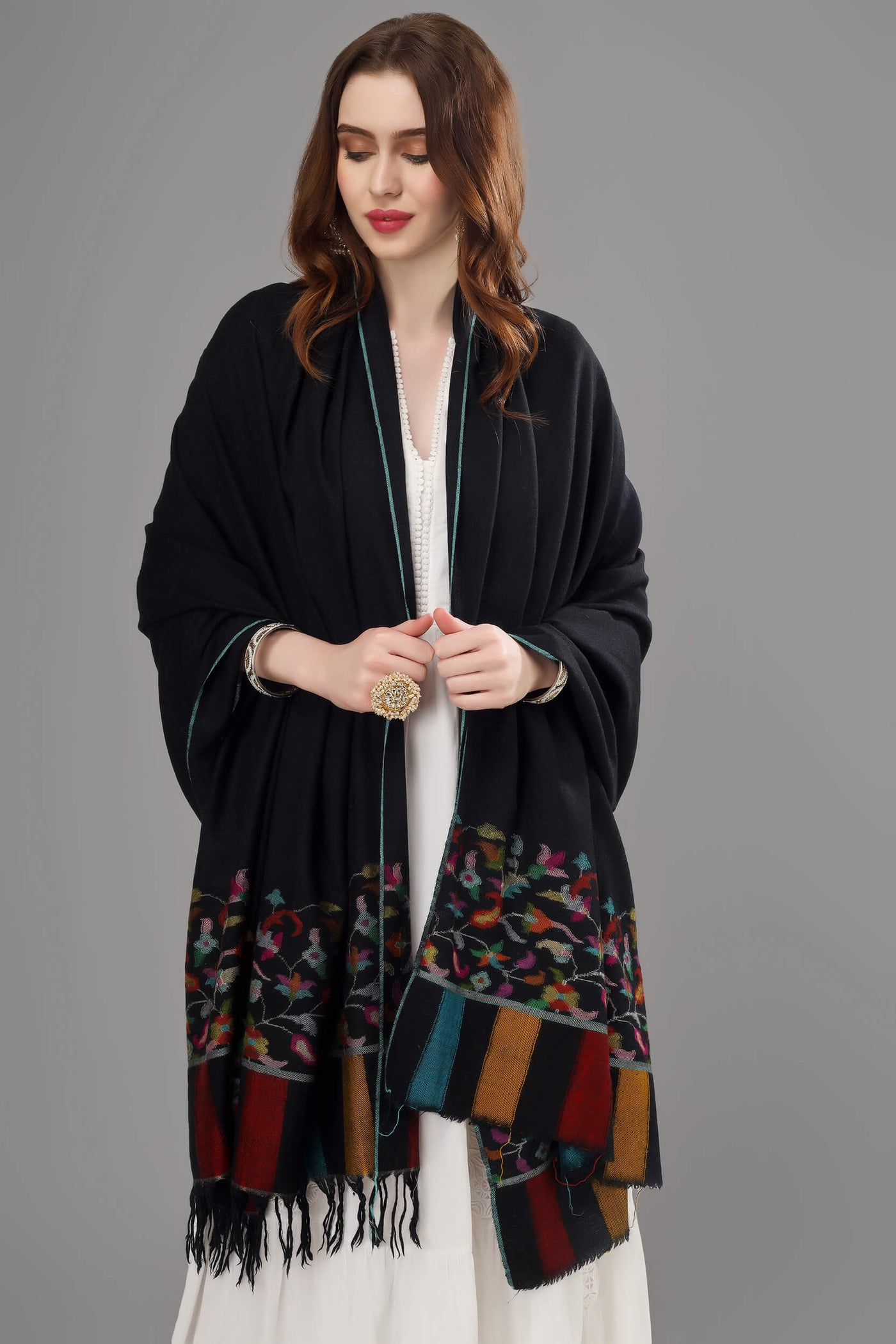 "KANI SHAWL - The Stylish and Luxurious Black Kani Pashmina Shawl, Crafted in Flower Designs on the Pallas in All the Ravishing Colors, Available online at - SWEDEN - HONGKONG - SPAIN - USA - CANADA - JAPAN - SOUTH AFRICA - GREECE - KUWAIT - NORWAY."
