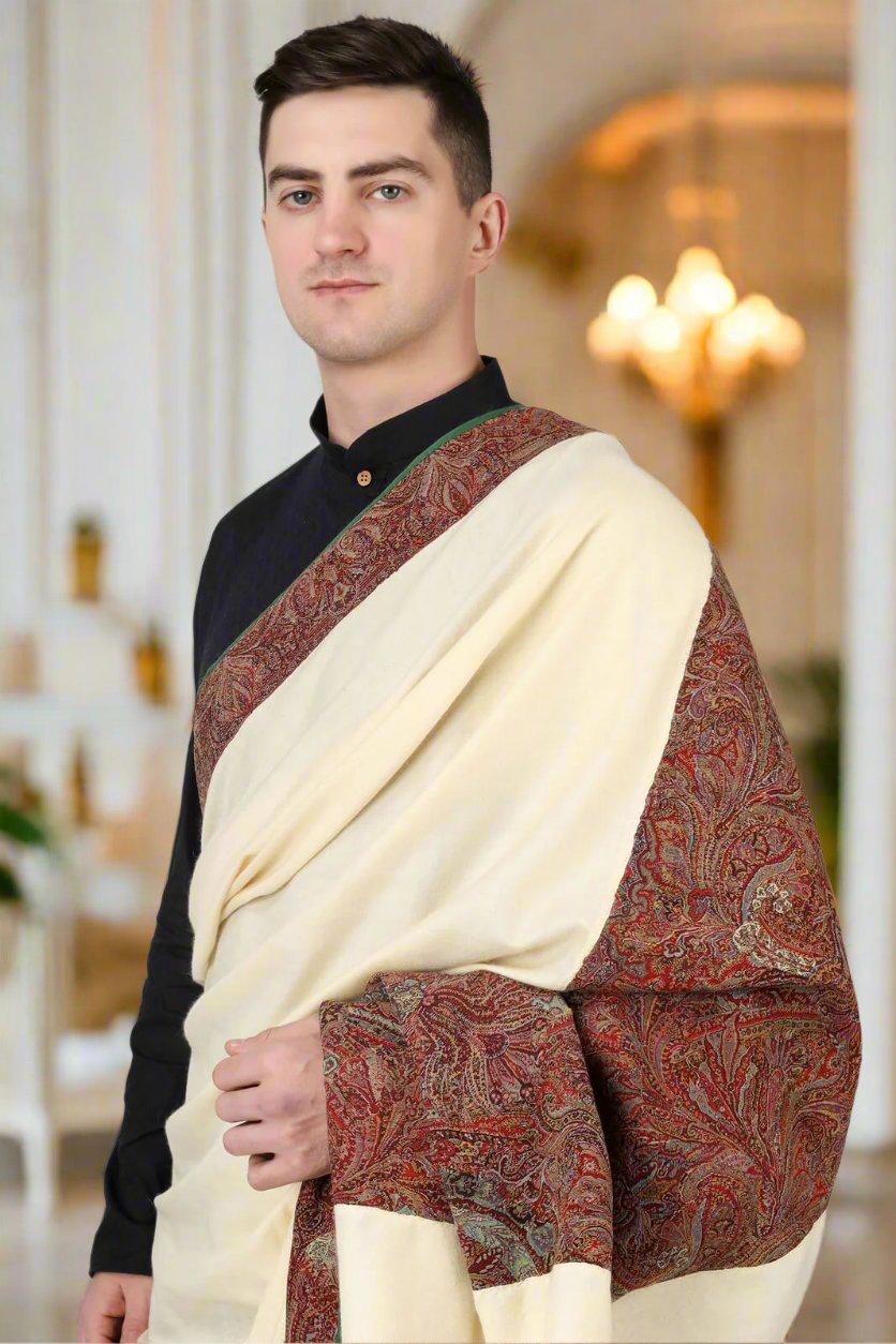 Antique paladaar Jamawar Mens Shawls - white / pashmina / classic - shawl