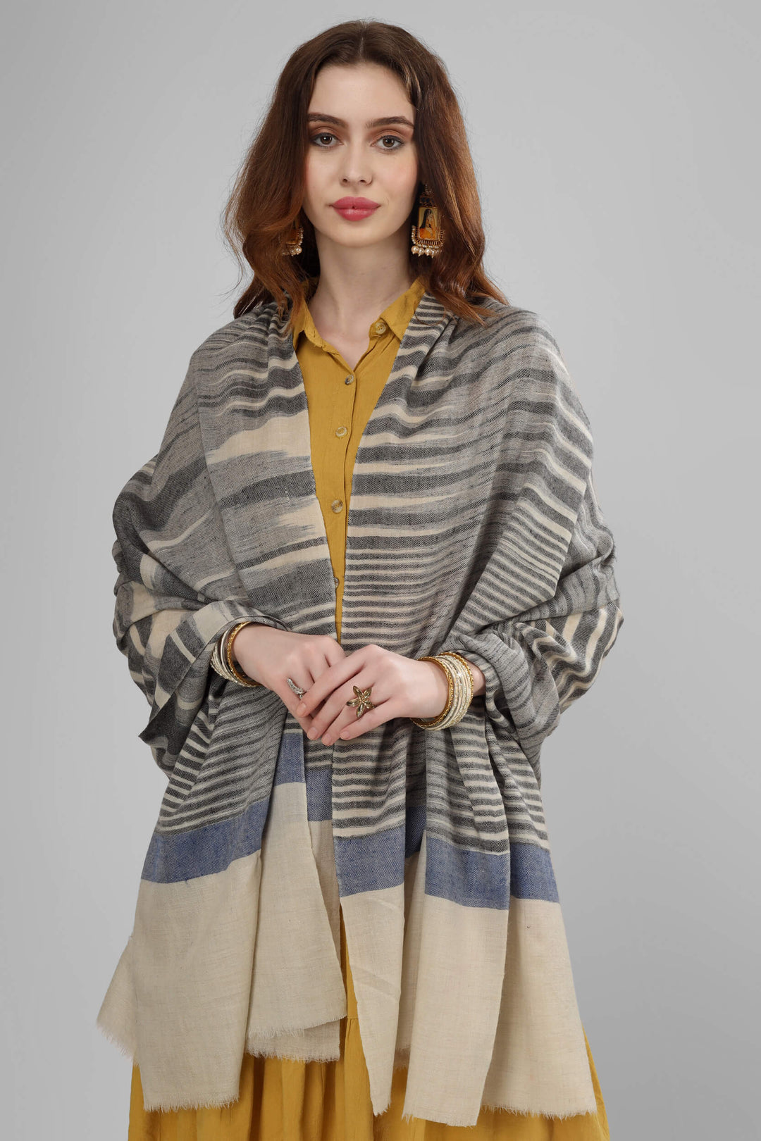 NEW DELHI -Gray white Ikkat pashmina shawl - "Pashmina Shawls | Buy GI Certified Authentic Kashmiri Pashmina Online | Handmade Kani Shawls and Luxury Cashmere Wraps from Kashmir, India"