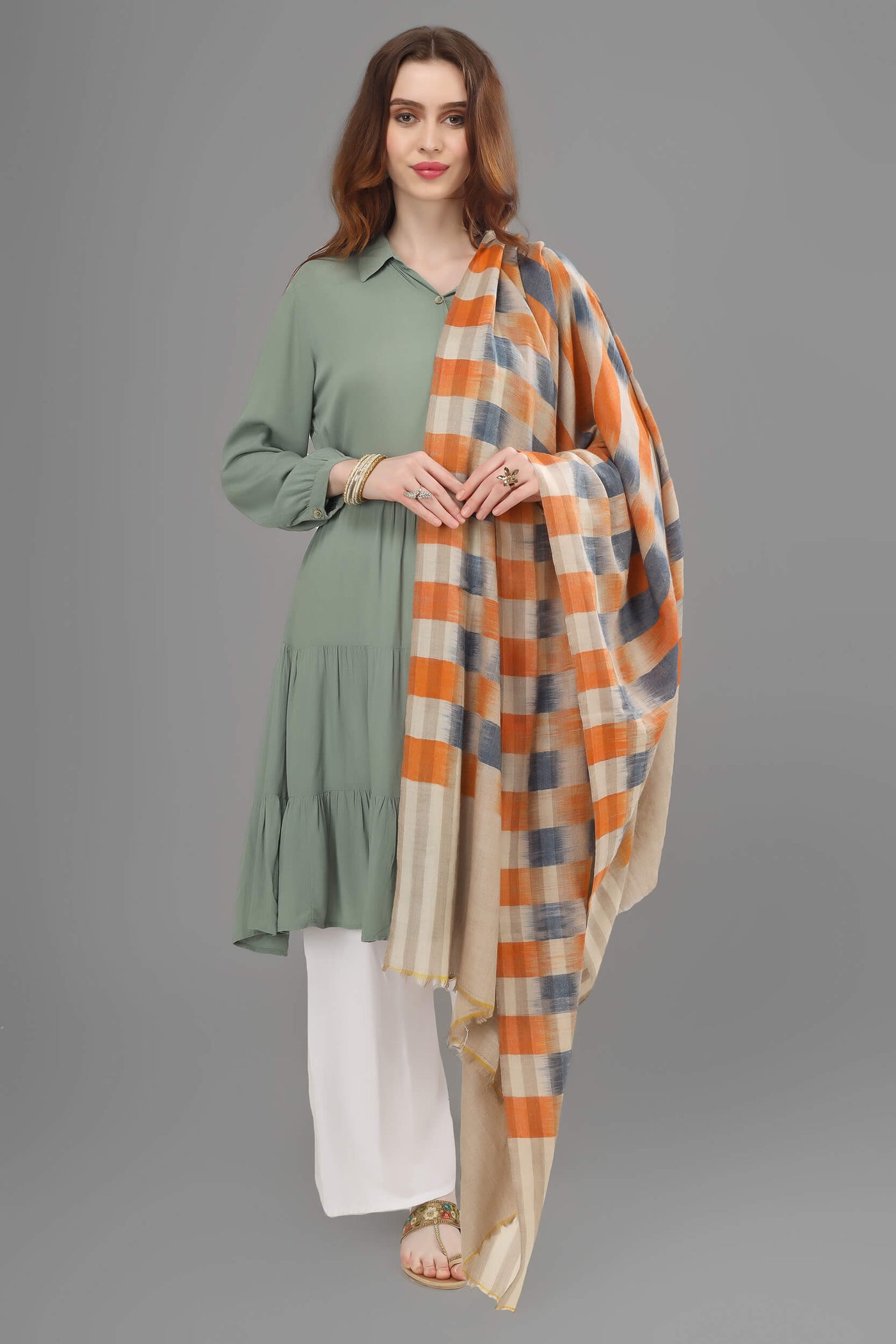 ONLINE PASHMINA - Blue orange Ikkat  design pashmina shawl