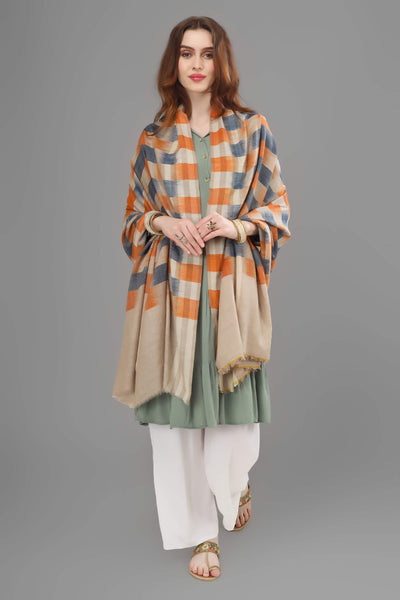 KASHMIR - Blue orange Ikkat  design pashmina shawl