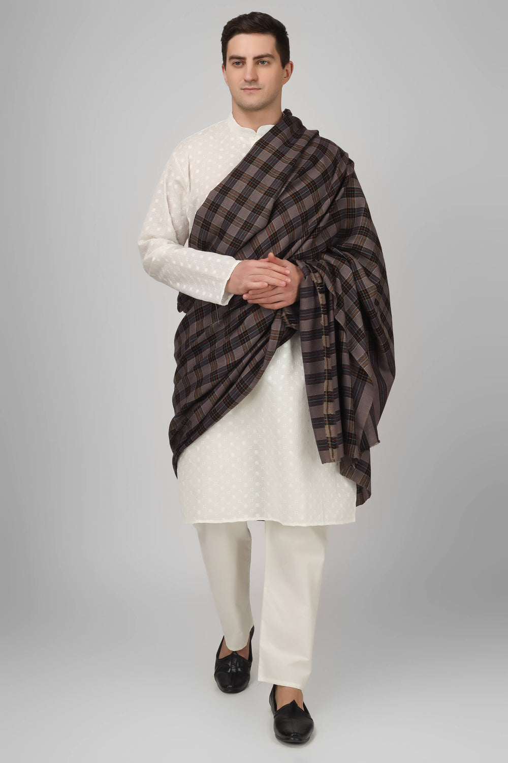 "Mens Natural and Black Pashmina check design shawl |white pashmina mens shawl  |Pashmina | Shop Authentic GI Certified Kashmiri Pashmina Shawls | Handmade Kani Shawls and Pure Cashmere Wraps Online from India"
