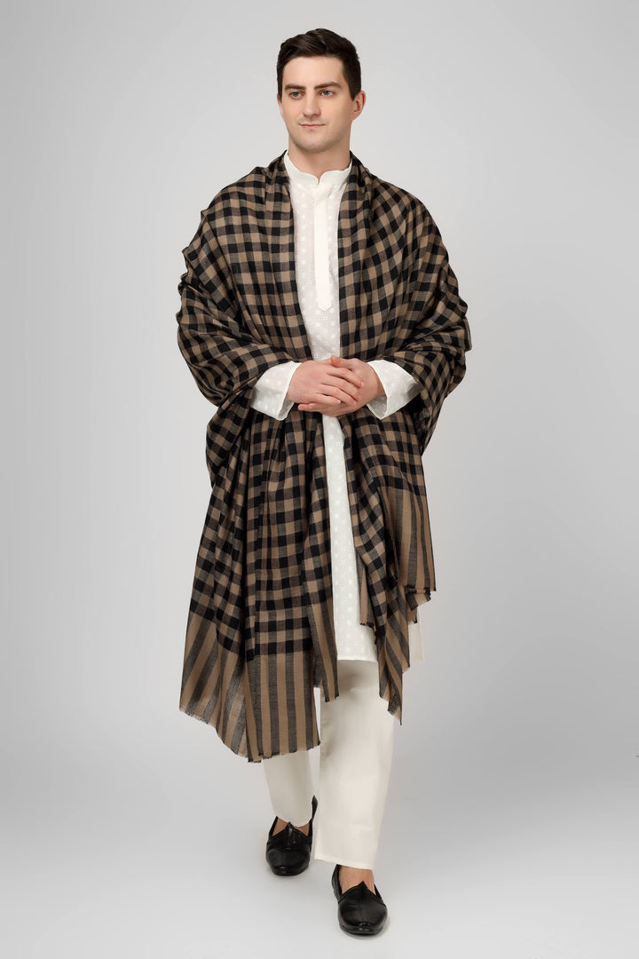 Mens Pashmina big check natural and black  design shawl Mens Pashmina big check natural and black  design shawl