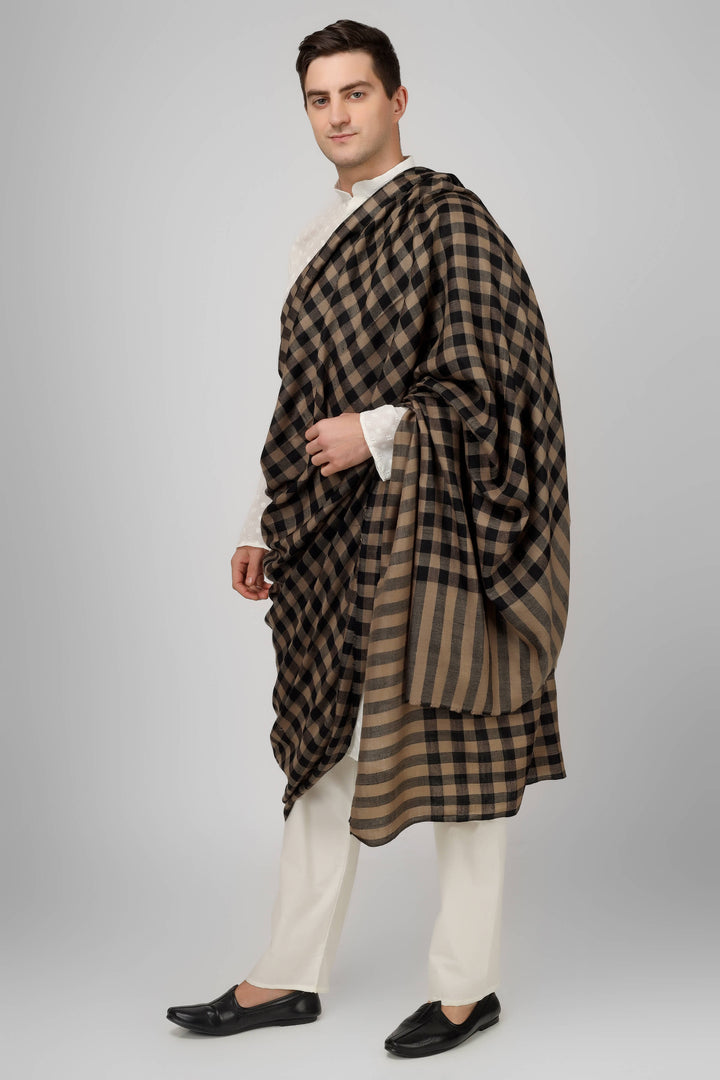 Mens Pashmina big check natural and black  design shawl Mens Pashmina big check natural and black  design shawl