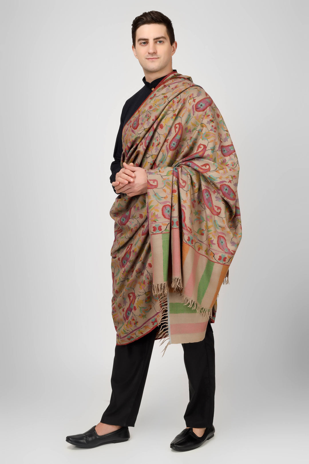 "KANI SHAWL - The Ravishing Shade of Natural (Khudrang) Plays Home to the Dancing Florals and Motifs in All the Colors of Nature, Skilled in the Same Splendid Kani Weave, Available online  - CANADA - USA - GERMANY - QATAR - AUSTRALIA - INDIA - FRANCE - DUBAI - LONDON  - ITALY."