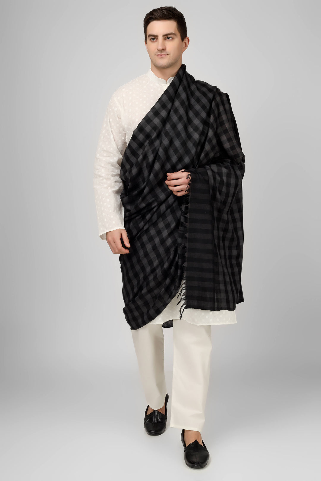 PASHMINA MENS - Black and gray Mens Pashmina  shawl checked design | "Shop GI Certified Pashmina Shawls Online | Authentic Kashmiri Kani Wraps | Handmade Pure Luxury Pashmina and Cashmere Shawls for Sale"