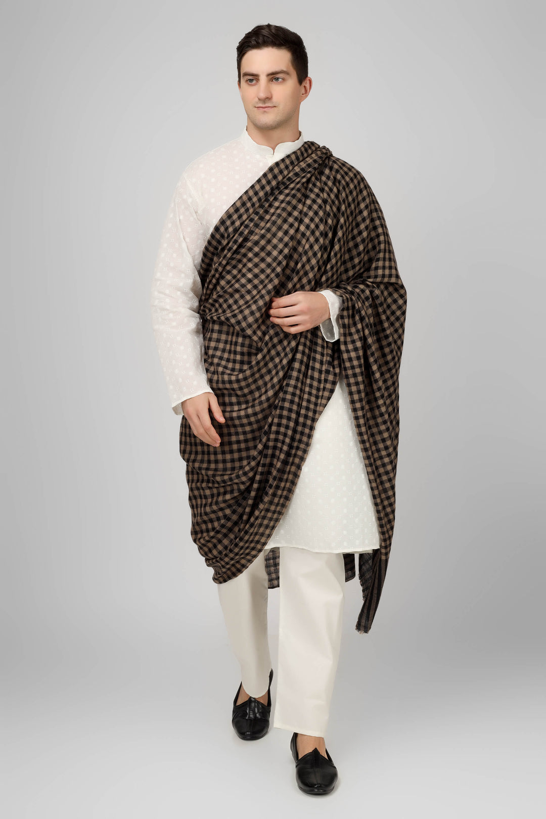 This Pashmina men's shawl is made by a Kashmiri artist using his skills to create beautiful checks. 100% pashmina shawl for men. authentic kepra pashmina shawl.