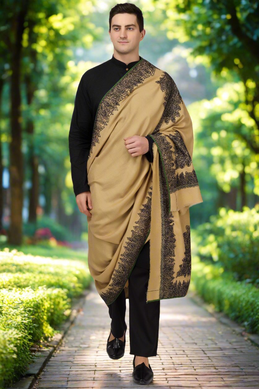Brown Pashmina with patched Antique jamawar border