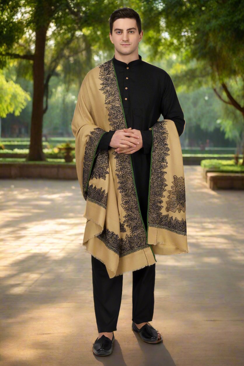 Brown Pashmina with patched Antique jamawar border - " Natural Pashmina hashidaar mens shawl Natural Pashmina hashidaar mens shawl |Pashmina Shawls Online | Authentic GI Certified Kashmir Kani Shawls | Handmade Pure Pashmina and Cashmere Wraps for Sale"