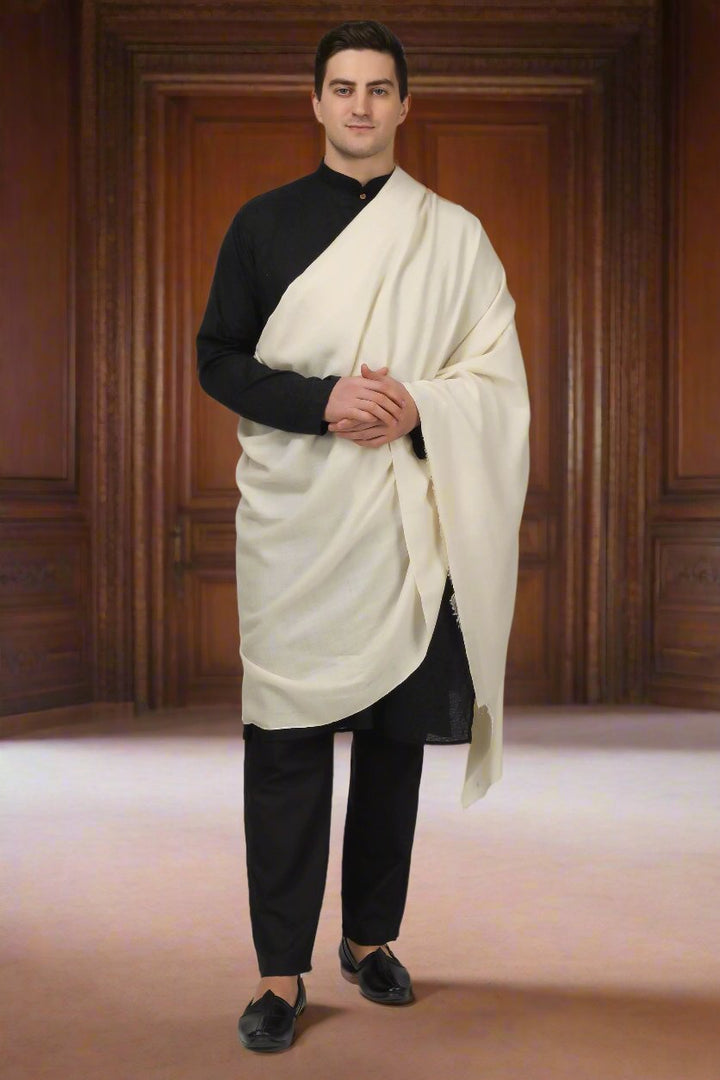 This Pashmina white mens shawl.  It is crafted by the most talented Kashmiri Artisans with extreme skill and expertise. The skills represent the true craftsmanship of these Kashmiri Artisans.  This Pashmina white mens shawl.  It is crafted by the most talented Kashmiri Artisans with extreme skill and expertise. The skills represent the true craftsmanship of these Kashmiri Artisans.