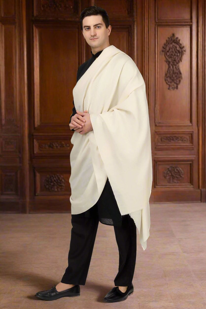 This Pashmina white mens shawl.  It is crafted by the most talented Kashmiri Artisans with extreme skill and expertise. The skills represent the true craftsmanship of these Kashmiri Artisans.  This Pashmina white mens shawl.  It is crafted by the most talented Kashmiri Artisans with extreme skill and expertise. The skills represent the true craftsmanship of these Kashmiri Artisans.