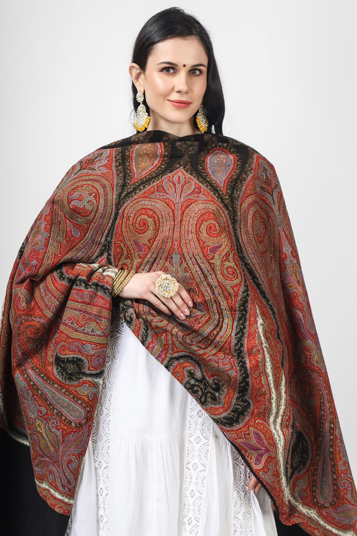 Black pashmina antique shawl from the 19th century with a classic boteh or paisley pattern surrounding a central medallion. The original jewel-tone red and maroon colors are still present and have not faded with time. Hand-woven Pashmina Wool, India/Kashmir, Period: 19th Century, Year of Production: Around 1850"s
| pashmina shawls online | authentic Kashmiri pashmina shawl online | pure pashmina shawl online | original GI certified pashmina shawl online | luxury men's pashmina shawl online from Kashmir | where to buy online pure pashmina in India
| GI Tag Certified - Government-verified authentic Kashmiri Pashmina
| G20 Official Partner - Selected by India for G20 Summit gifting
| Handicraft Registered - Official recognition of traditional craftsmanship
| Certificate of Authenticity - Every purchase includes GI certification Black pashmina antique shawl from the 19th century with a classic boteh or paisley pattern surrounding a central medallion. The original jewel-tone red and maroon colors are still present and have not faded with time. Hand-woven Pashmina Wool, India/Kashmir, Period: 19th Century, Year of Production: Around 1850"s
| pashmina shawls online | authentic Kashmiri pashmina shawl online | pure pashmina shawl online | original GI certified pashmina shawl online | luxury men's pashmina shawl online from Kashmir | where to buy online pure pashmina in India
| GI Tag Certified - Government-verified authentic Kashmiri Pashmina
| G20 Official Partner - Selected by India for G20 Summit gifting
| Handicraft Registered - Official recognition of traditional craftsmanship
| Certificate of Authenticity - Every purchase includes GI certification