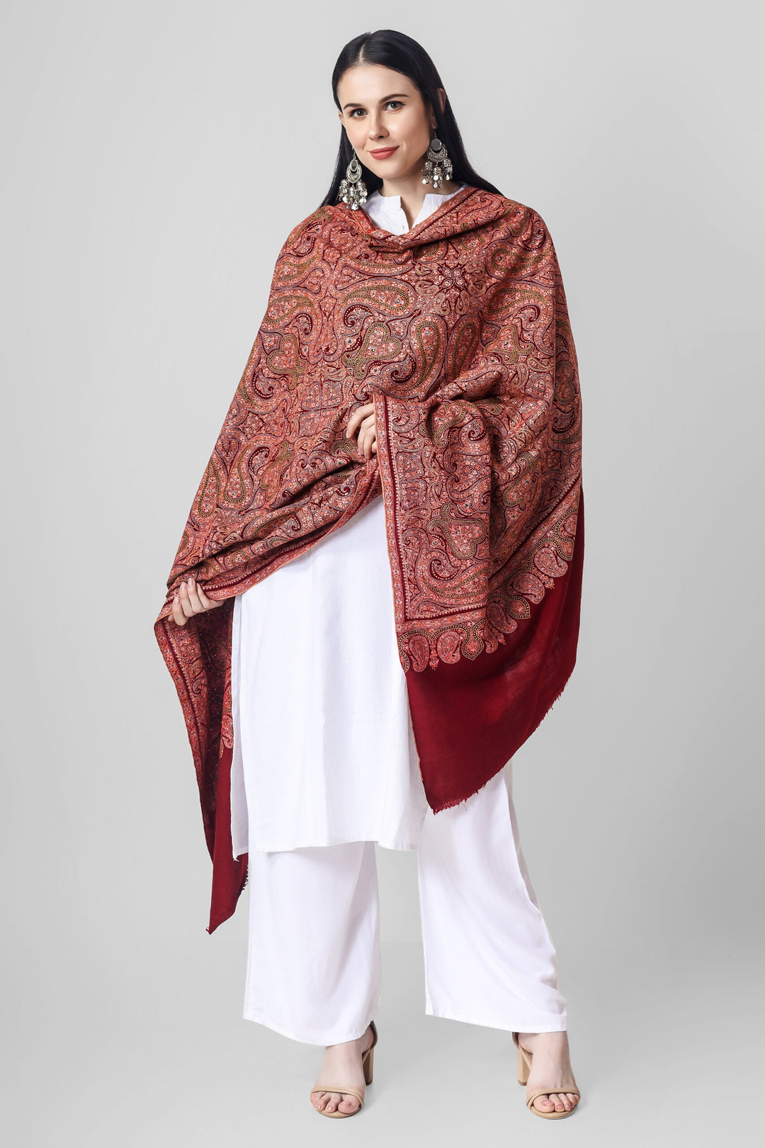 PASHMINA SHAWL -Maroon Sozni Needlework Jama Pashmina shawl. "PASHMINA SHAWLS IN CHINA - "KEPRA PASHMINA SHAWLS - Luxury at Its Best"