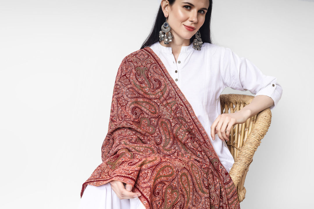 PASHMINA SHAWL -Maroon Sozni Needlework Jama Pashmina shawl. "PASHMINA SHAWLS IN CHINA - "KEPRA PASHMINA SHAWLS - Luxury at Its Best"